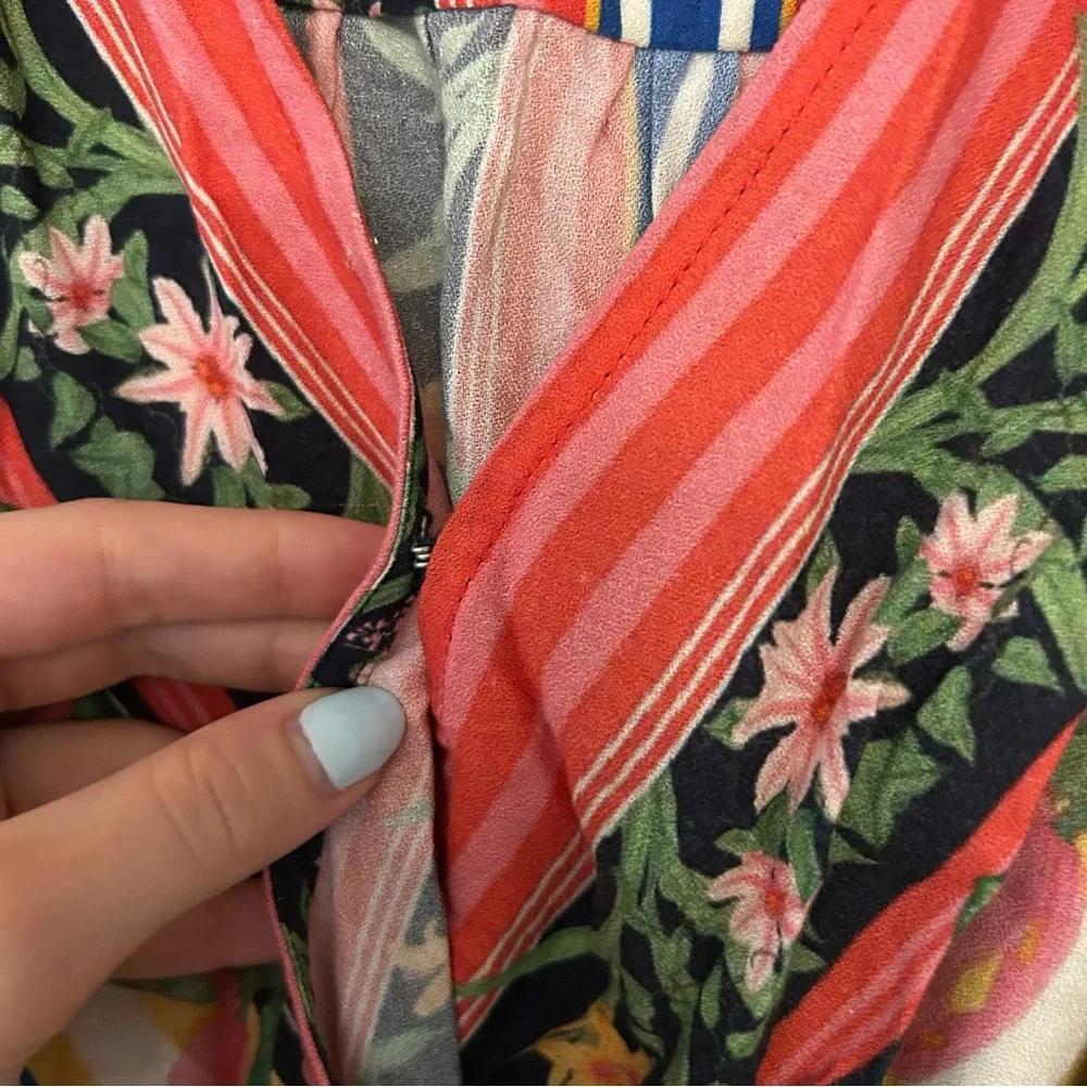 FARM Rio Navy Floral Wrap Blouse with Multicolor Stripe Sash